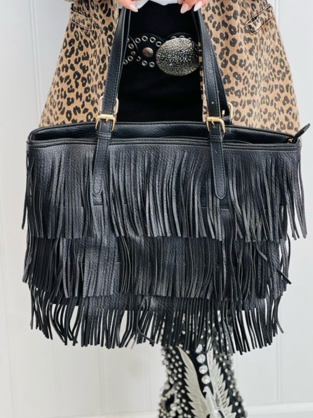 Black Fringe Leather Tote Bag - Women's Fashion Shoulder Bag